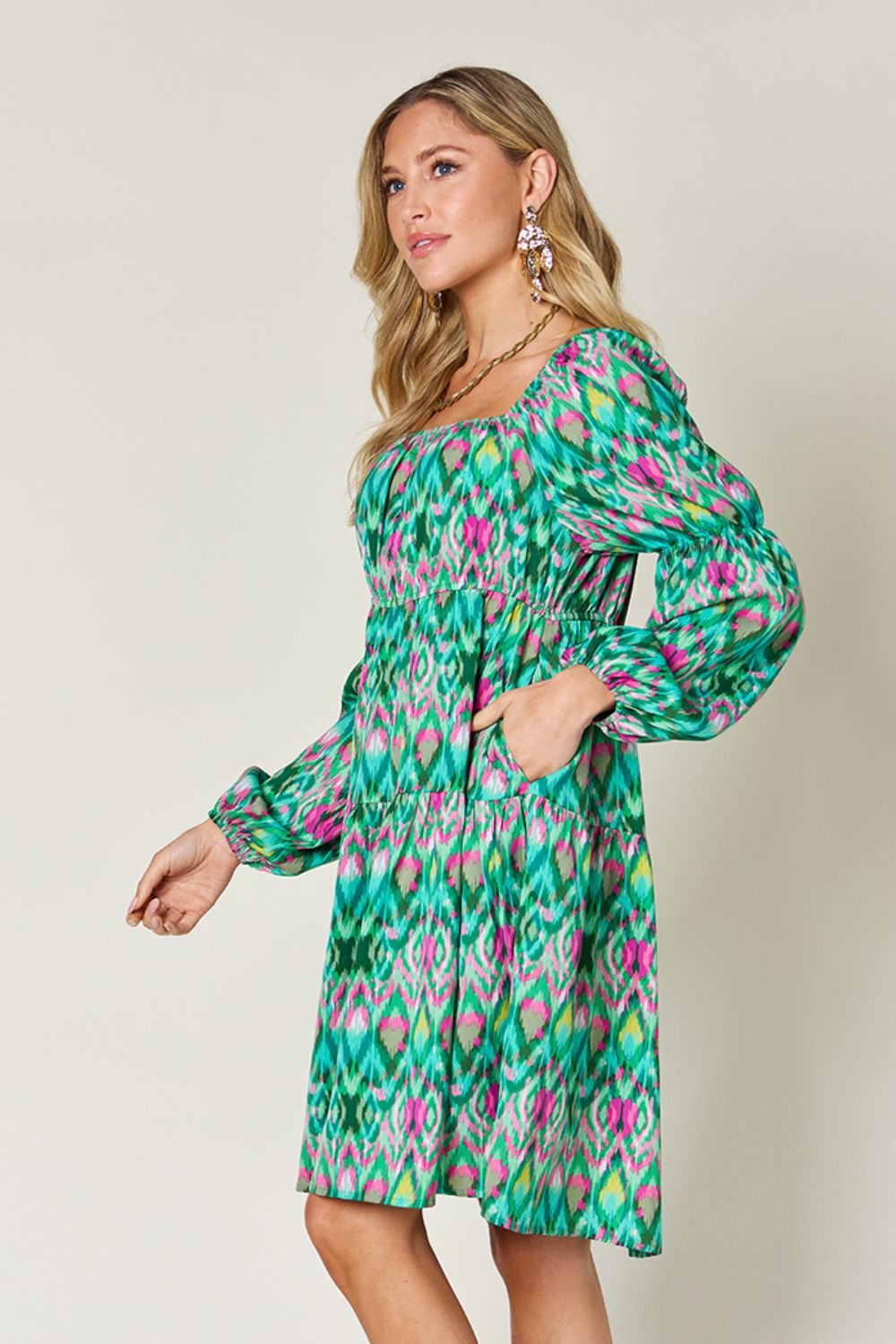 Double take full size printed long sleeve dress