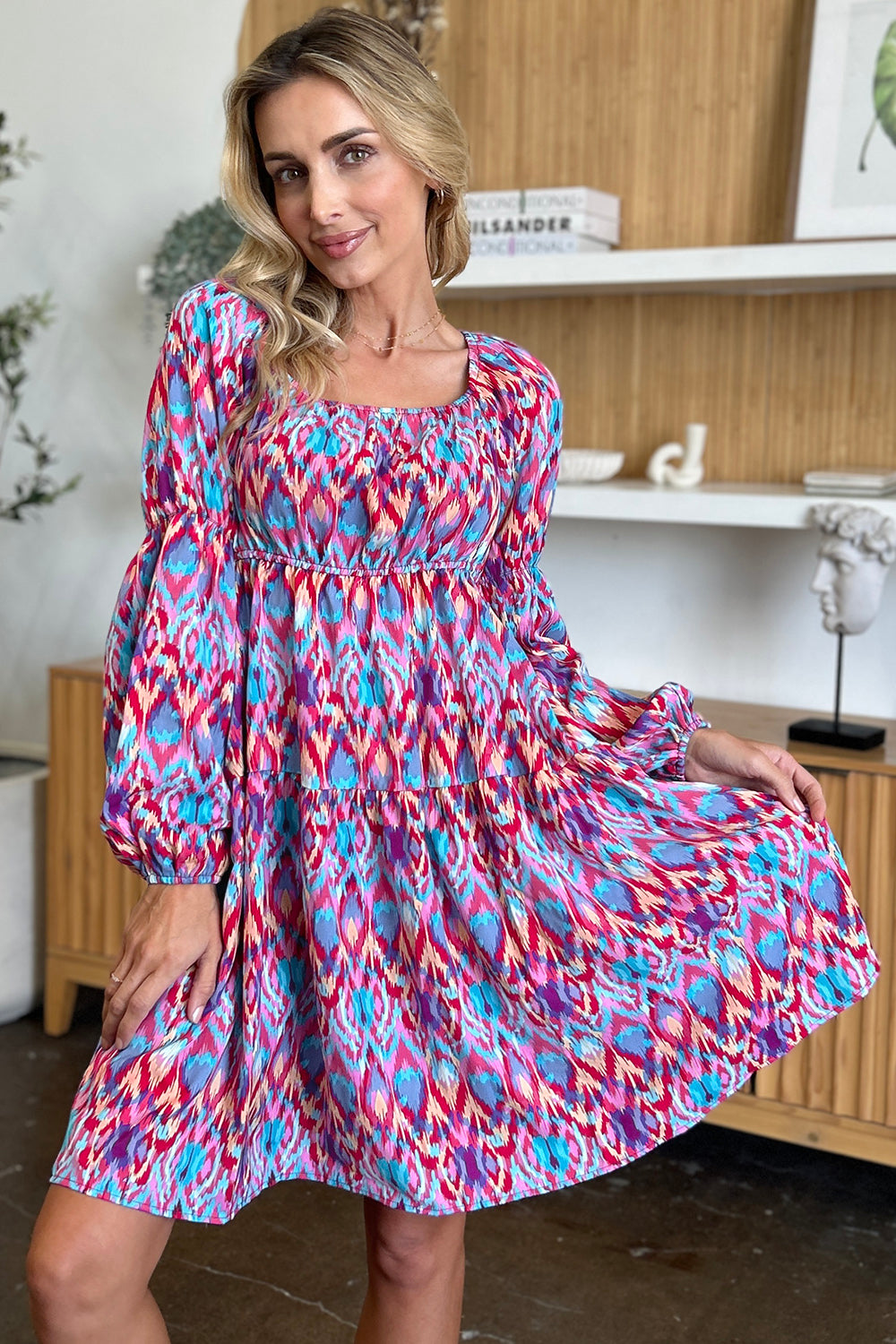 Double take full size printed long sleeve dress