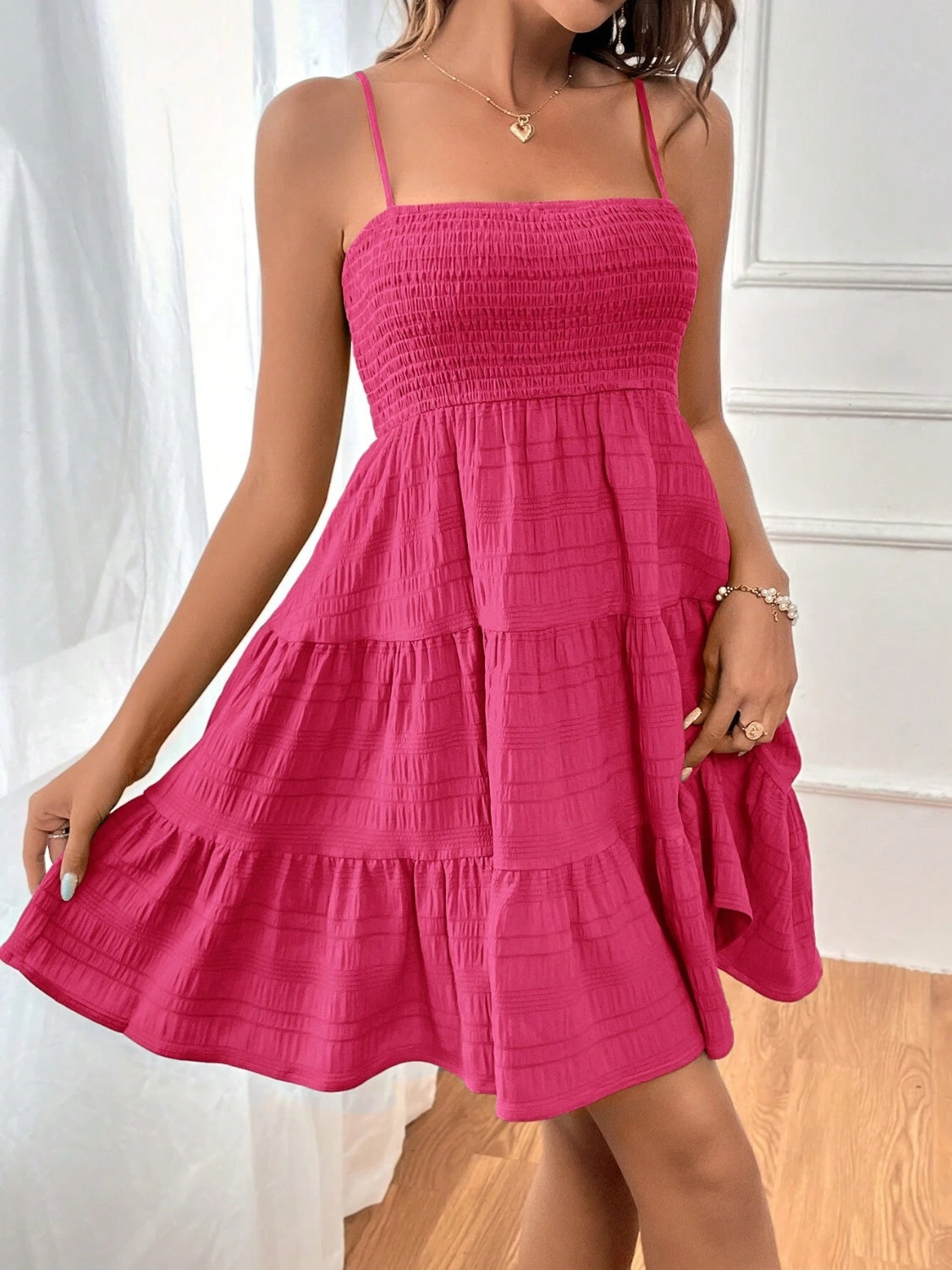 Smocked tiered sleeveless mini dress - hot pink / s