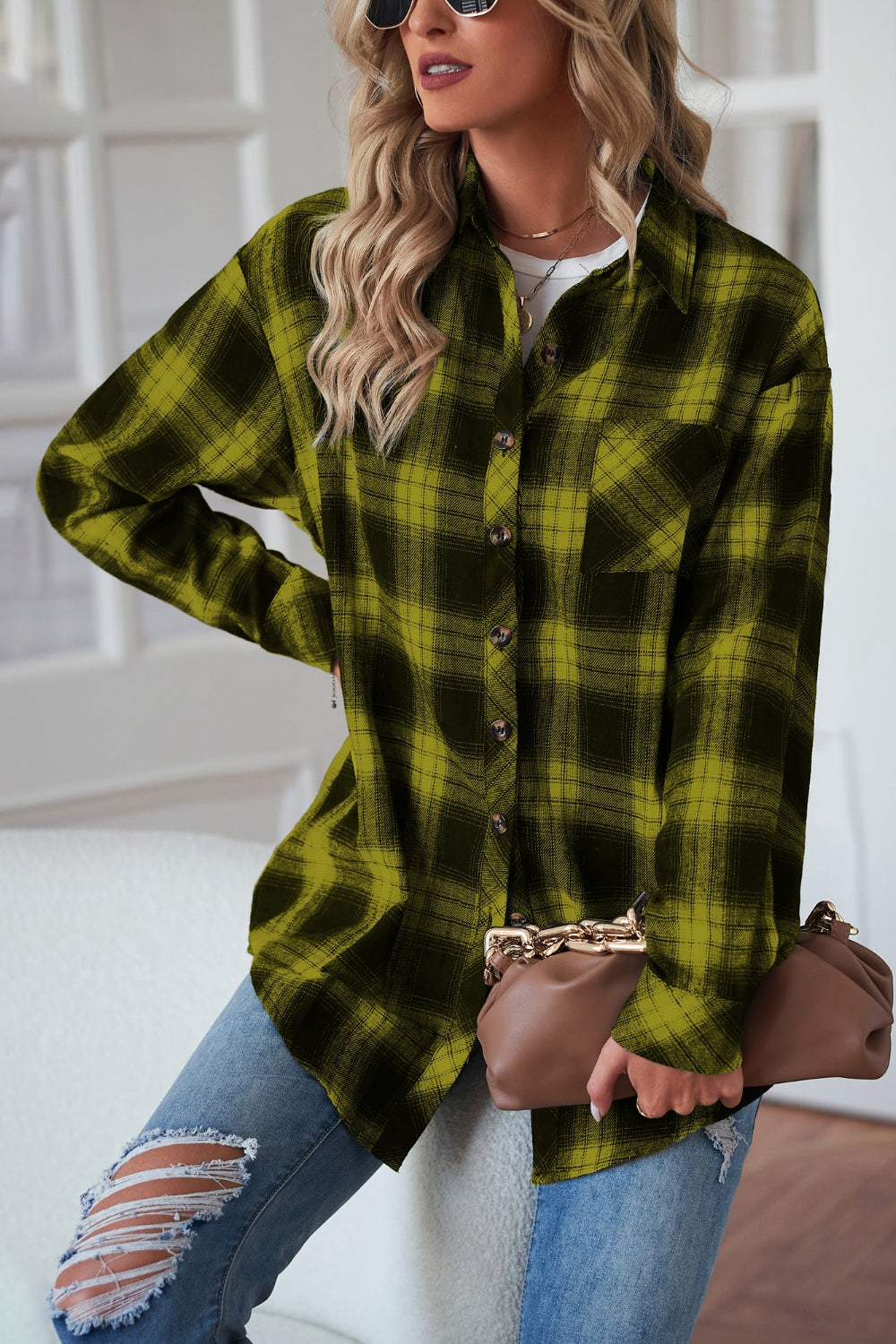 Plaid button up dropped shoulder outerwear