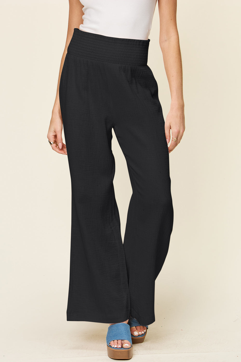 Double take full size texture smocked waist wide leg pants