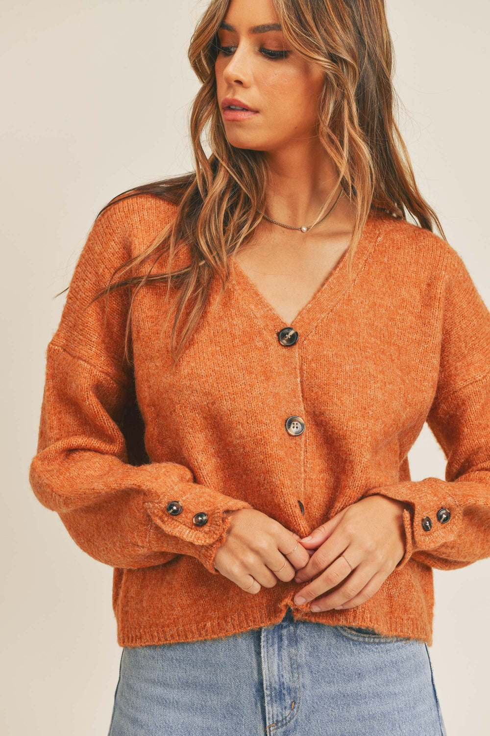 Mable long sleeve button down sweater cardigan - rust / s/m