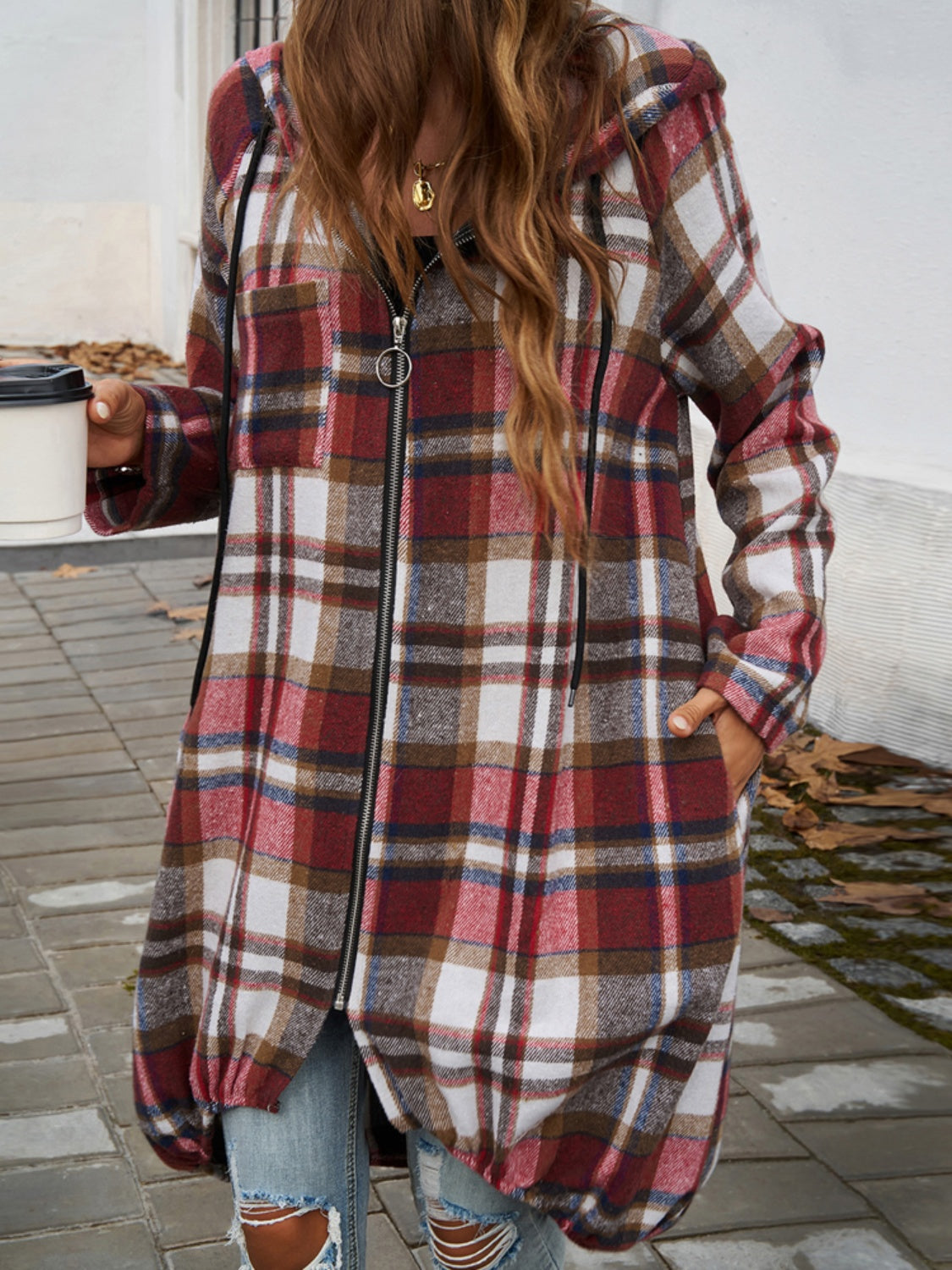 Devine plaid zip up hooded coat