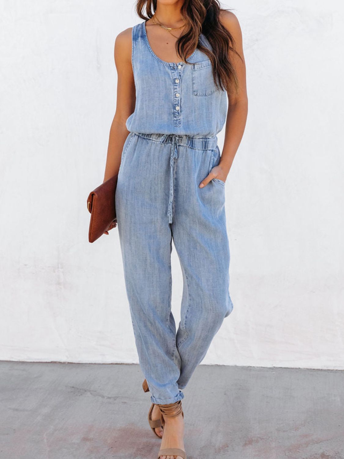 Drawstring waist sleeveless jumpsuit - medium / s