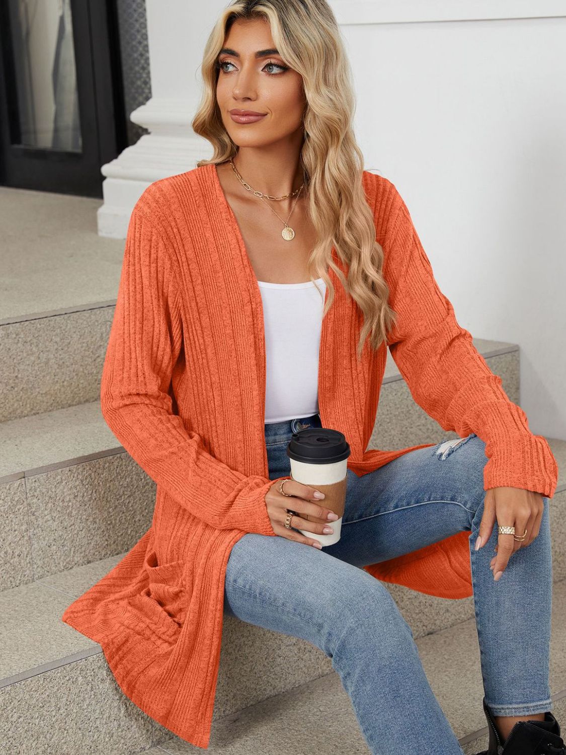 Pocketed open front long sleeve cardigan