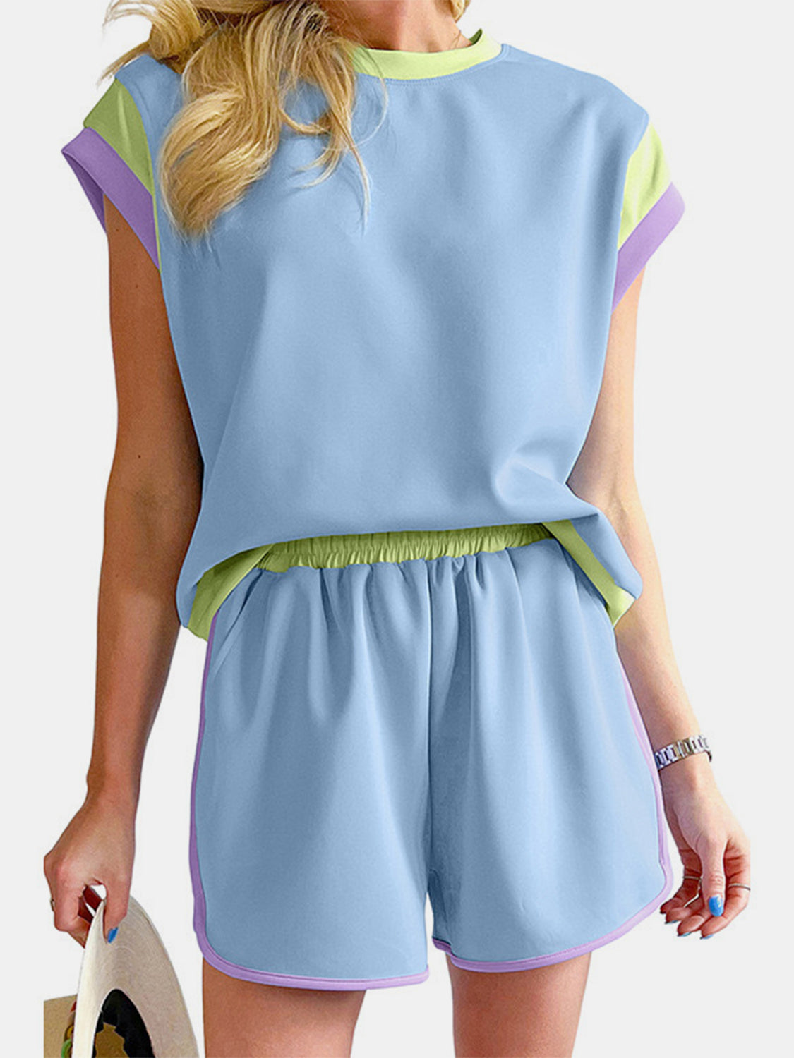 Contrast round neck top and shorts set - light blue / s