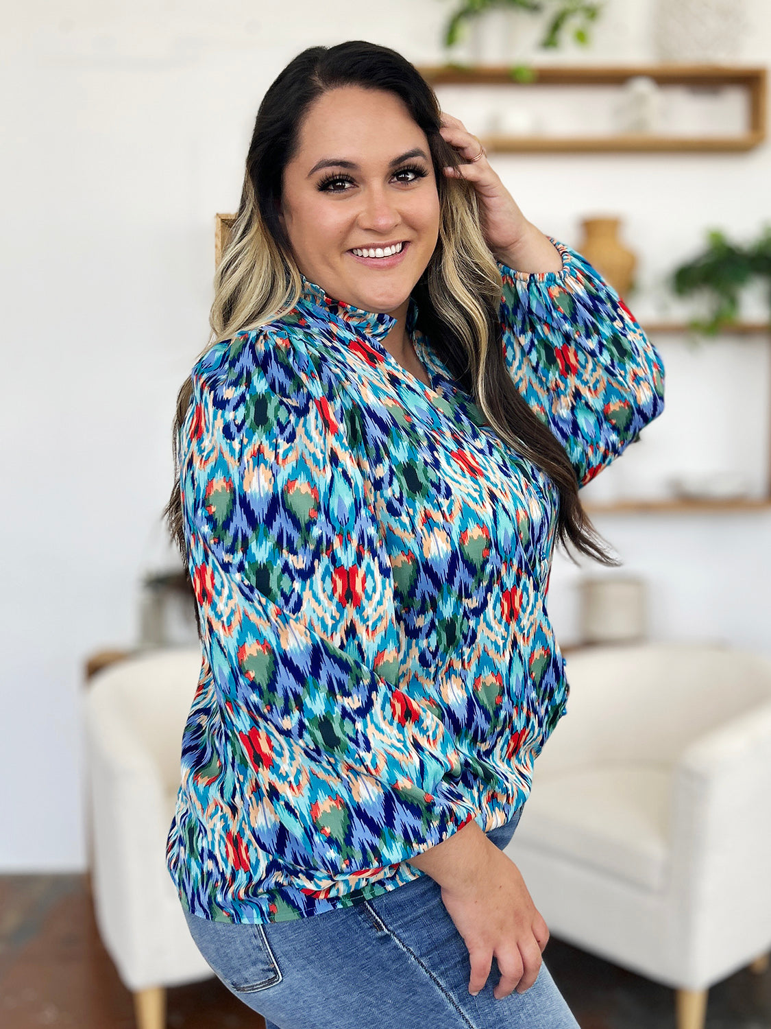 Double take full size printed balloon sleeve blouse