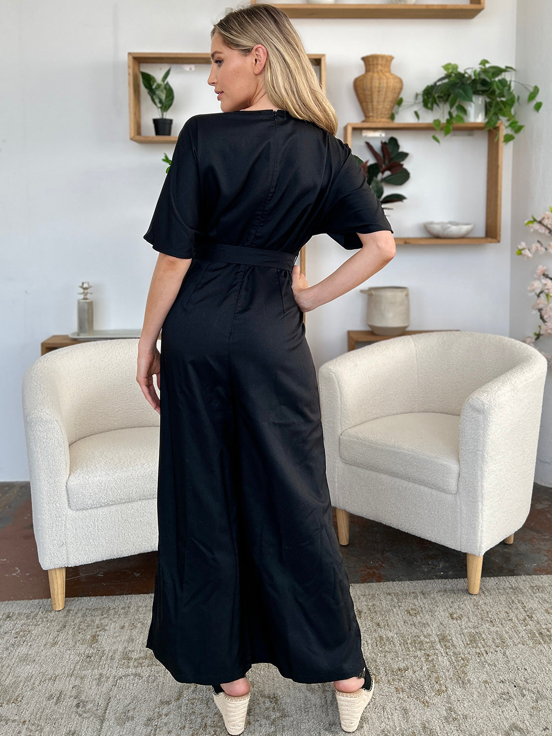 Double take full size v-neck tied side slit jumpsuit