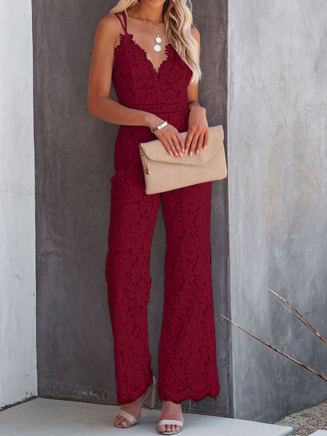 Lace v-neck spaghetti strap jumpsuit - burgundy / xs