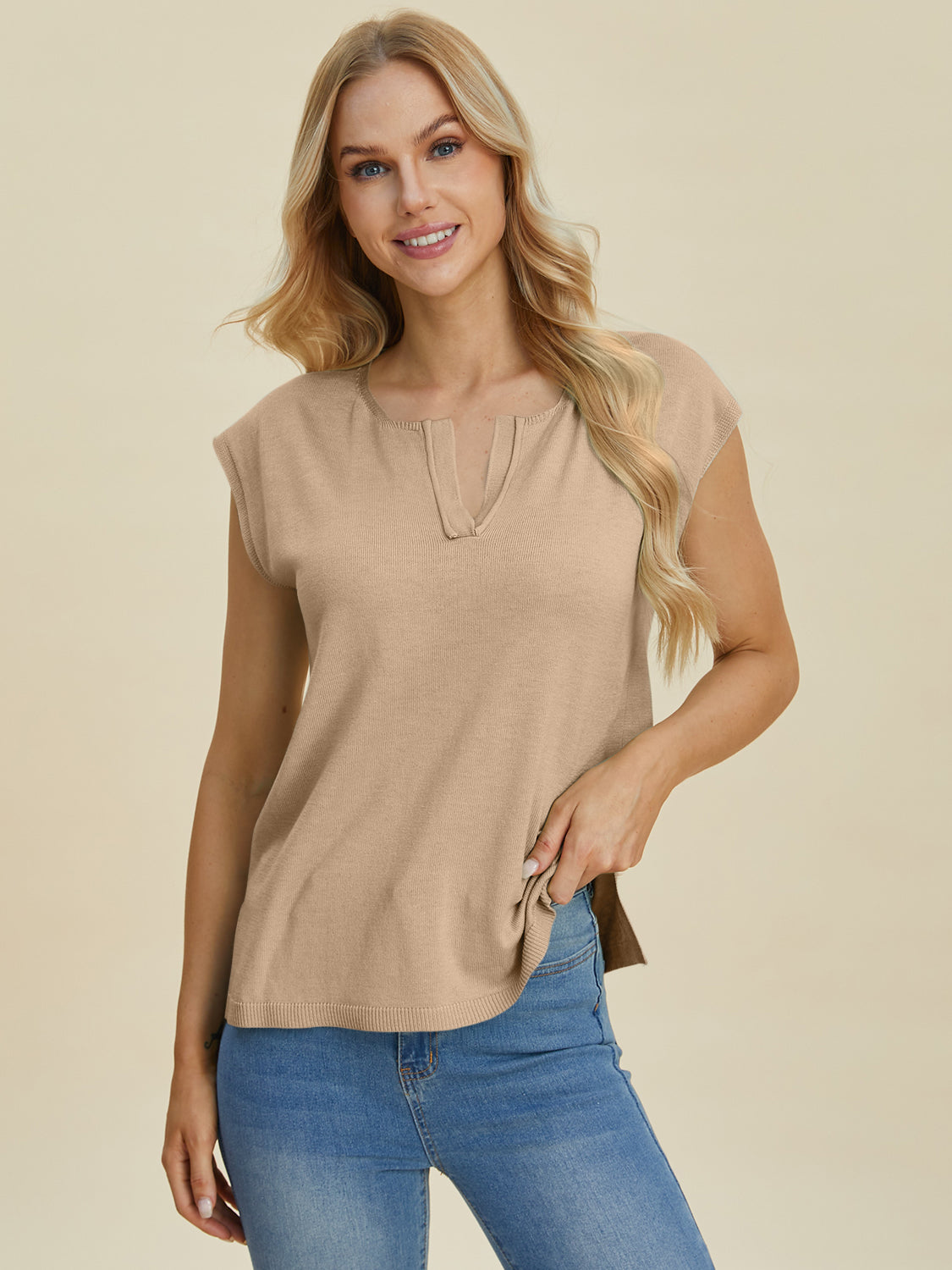 Double take full size notched cap sleeve knit top - dust storm / s