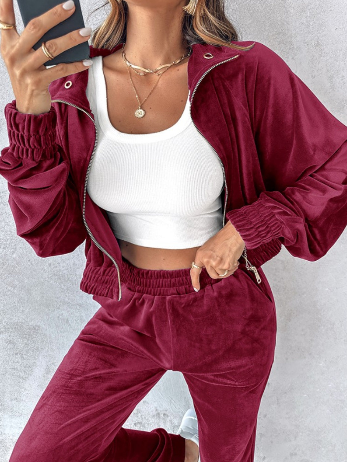 Zip up long sleeve cropped top and joggers set