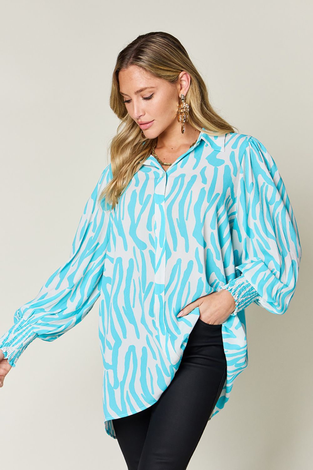 Double take full size printed smocked long sleeve blouse