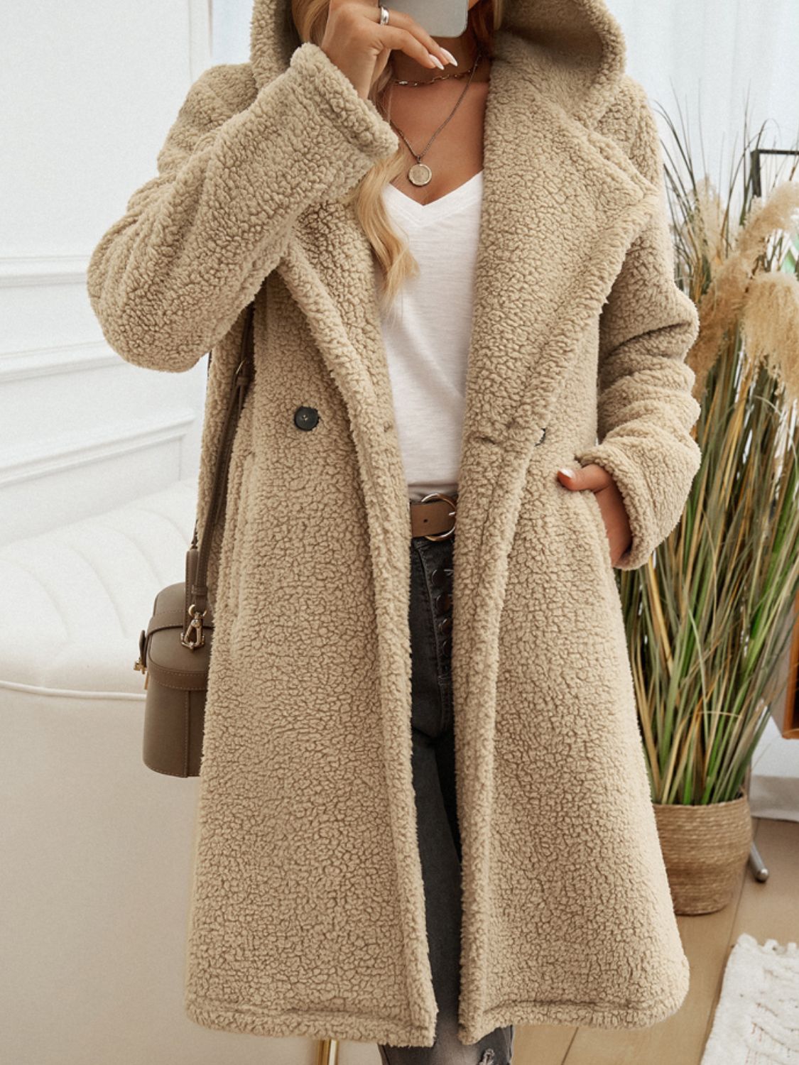 Devine pocketed long sleeve hooded teddy coat