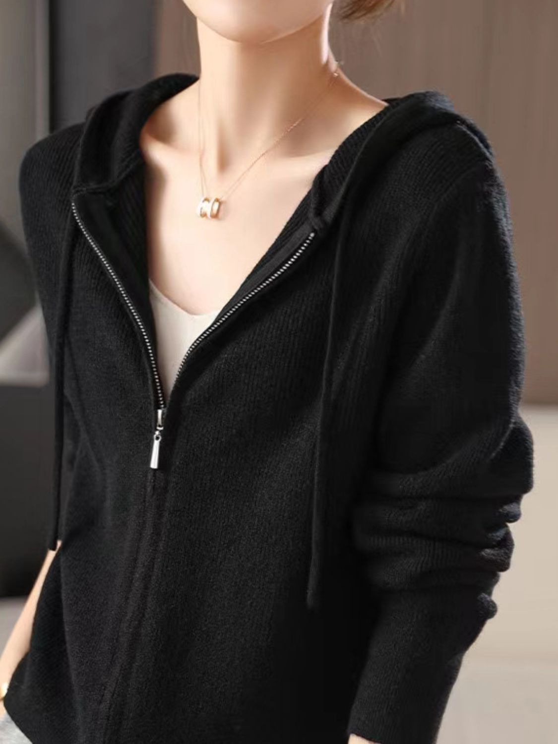 Drawstring zip up long sleeve hooded sweater