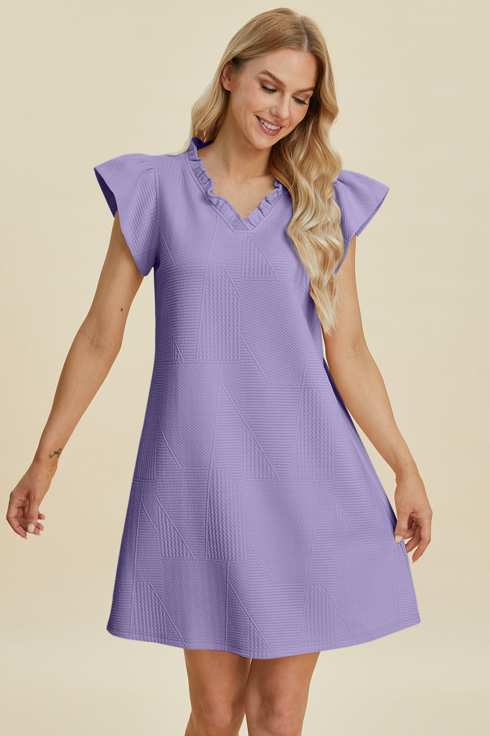 Double take full size ruffled v-neck cap sleeve dress