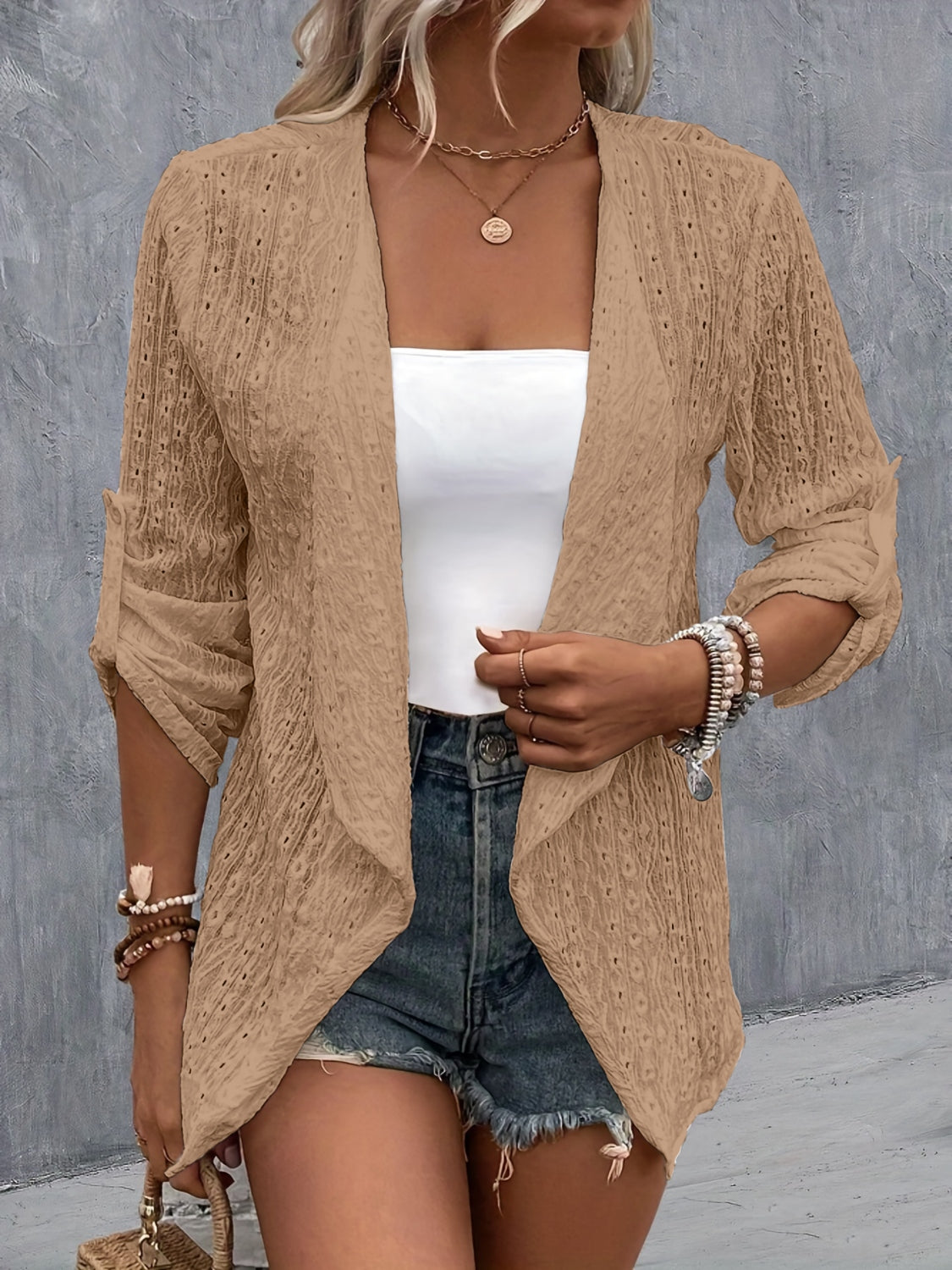 Eyelet roll-tab sleeve cardigan - camel / s