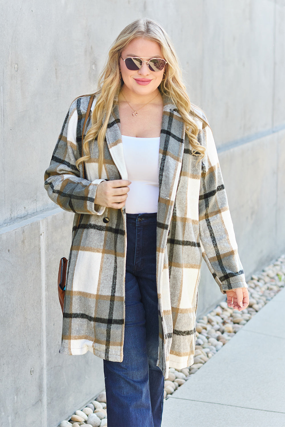 Double take full size plaid button up lapel collar coat