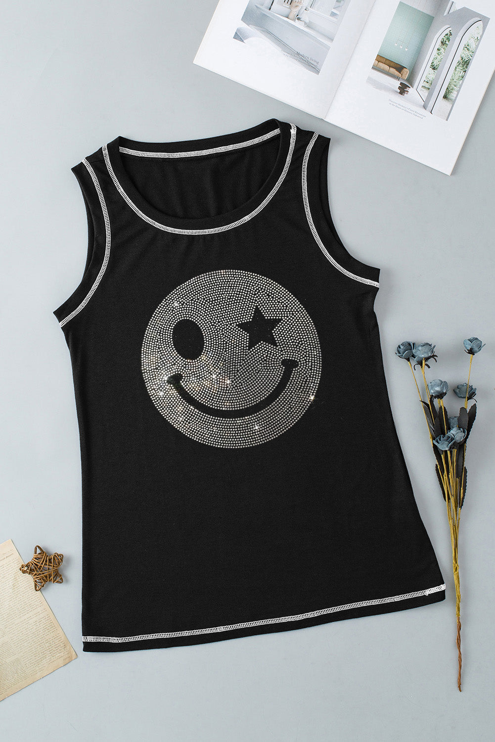 Rhinestone smile face round neck tank