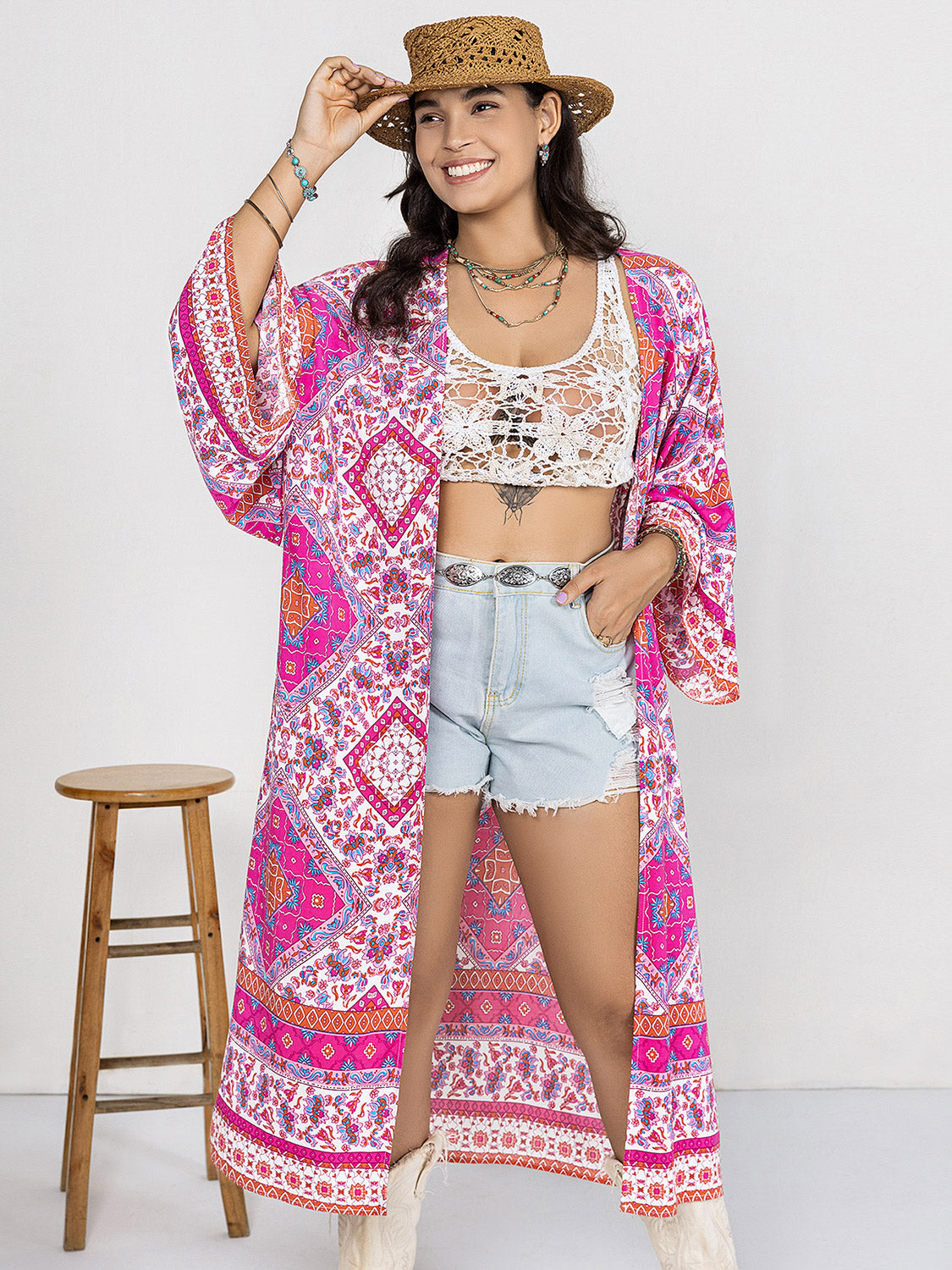 Plus size printed open front longline cardigan