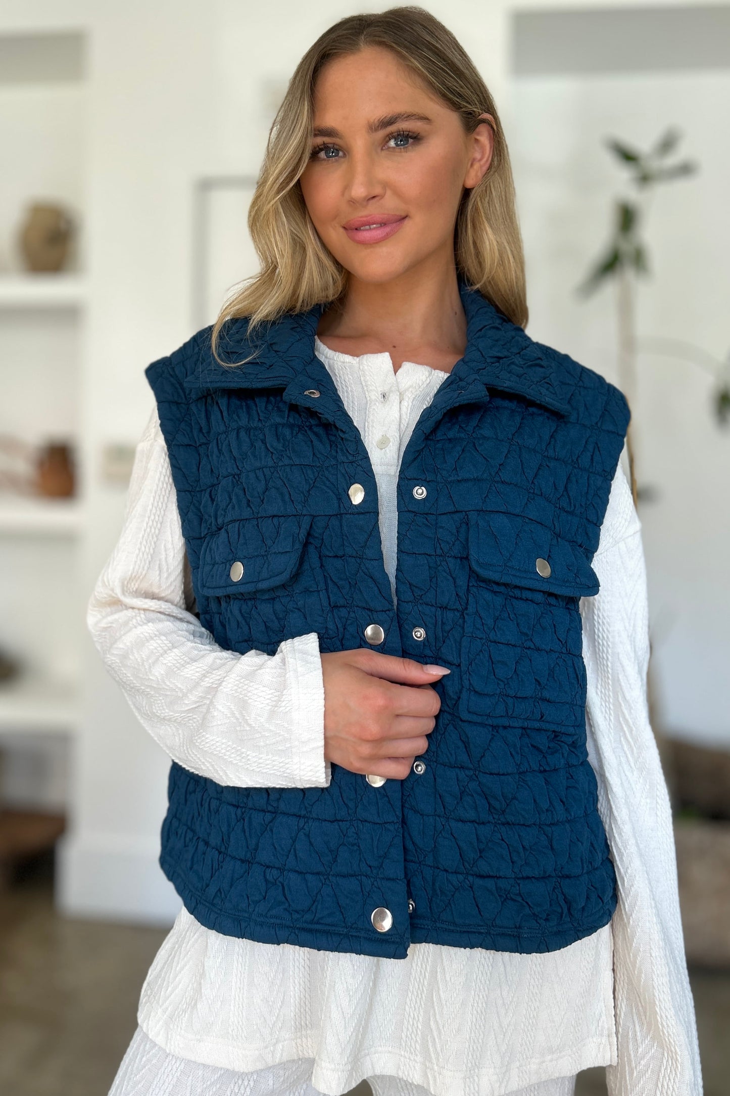 Double take full size pocketed texture snap down vest coat - peacock blue / s