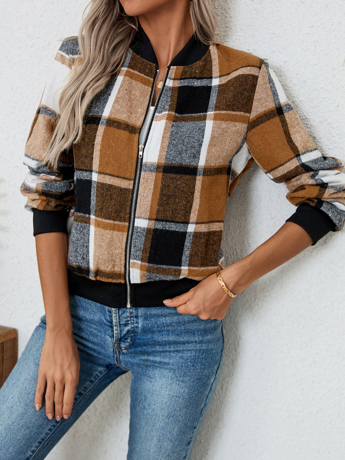 Plaid zip up long sleeve jacket