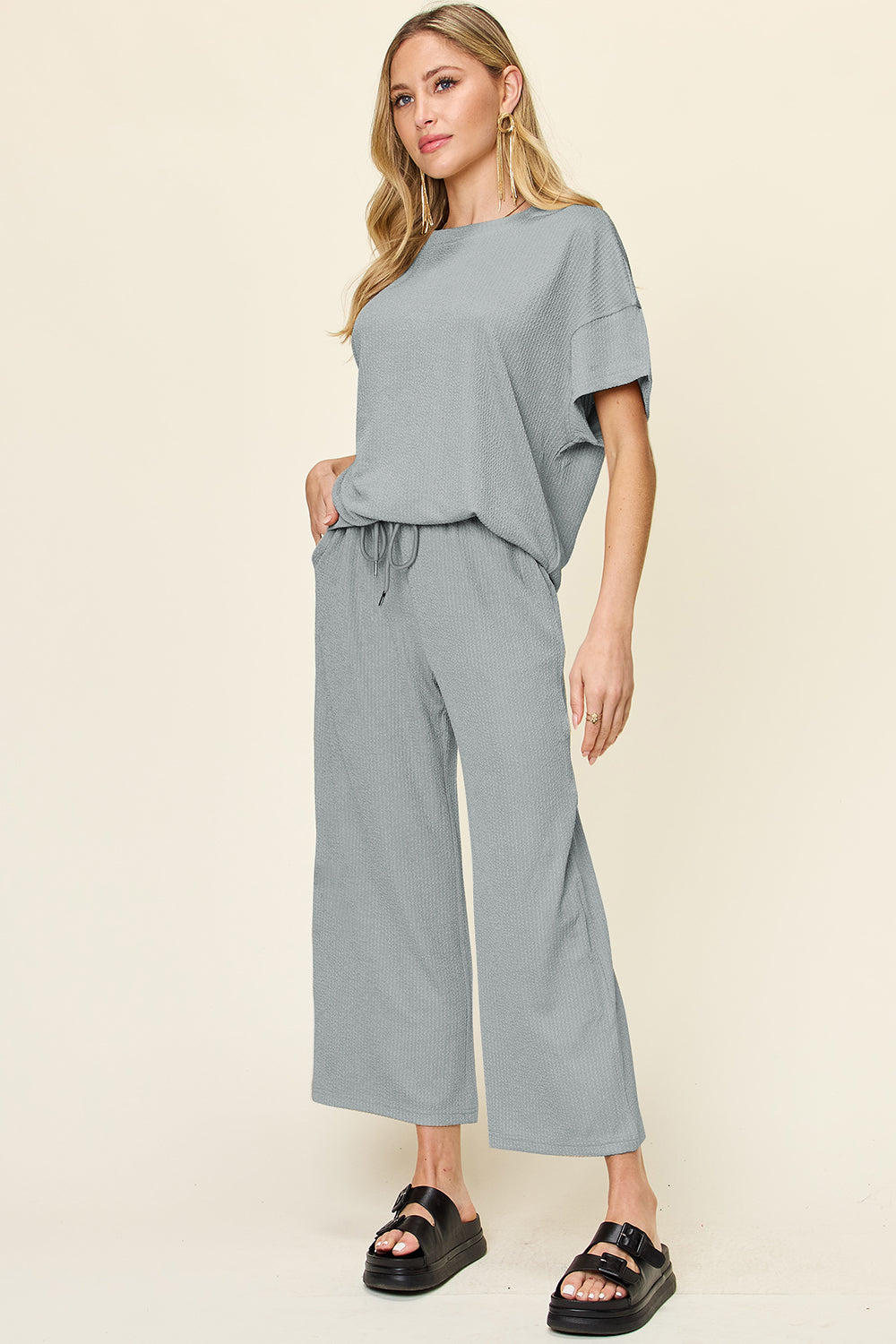 Double take full size texture round neck short sleeve t-shirt and wide leg pants - cloudy blue / s