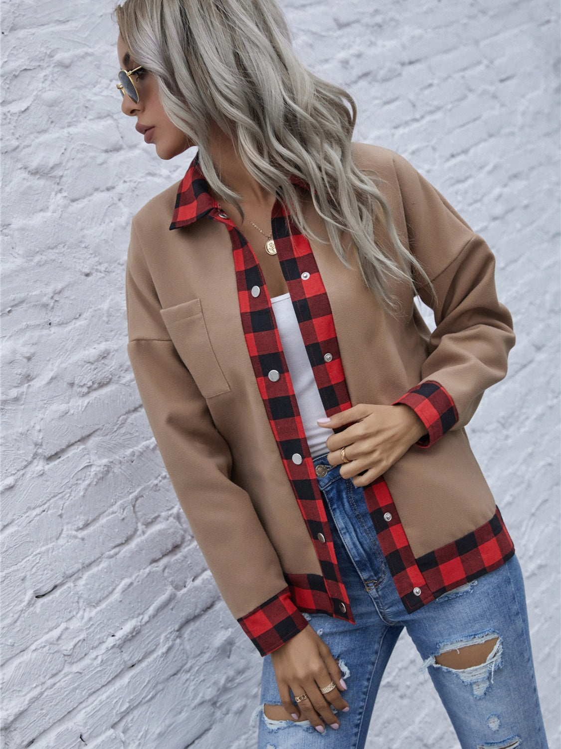 Plaid trim long sleeve jacket