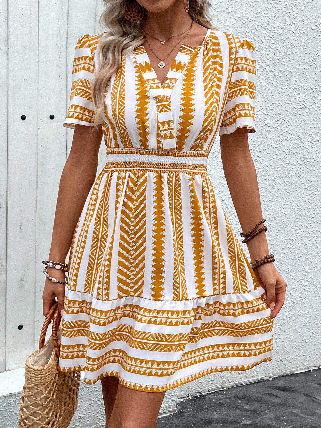 Geometric notched short sleeve mini dress - mustard / s