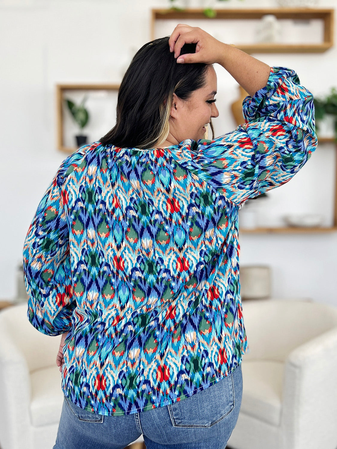 Double take full size printed balloon sleeve blouse