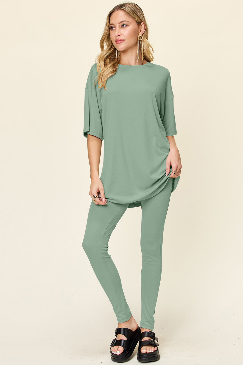 Double take full size round neck dropped shoulder t-shirt and leggings set - light green / s