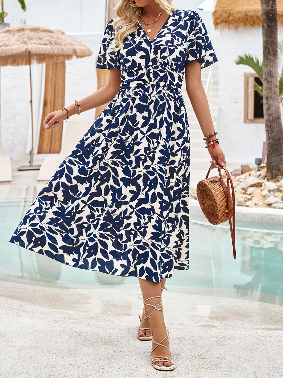 Printed surplice short sleeve midi dress