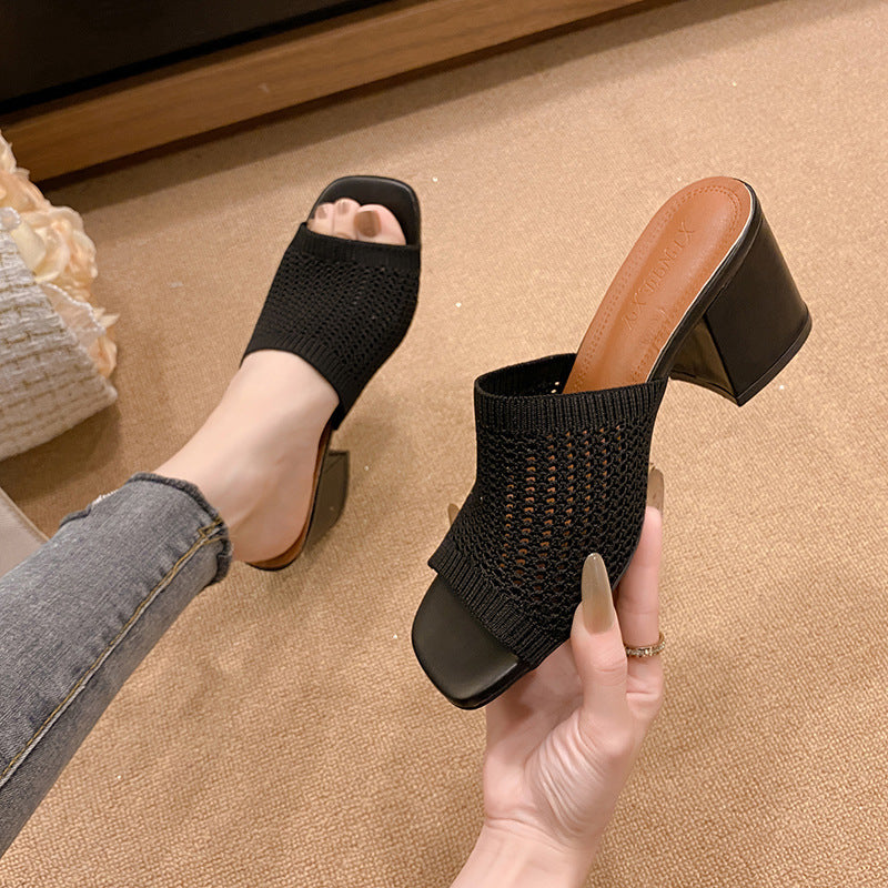 Block heel knit sandals - black / 35(us4)