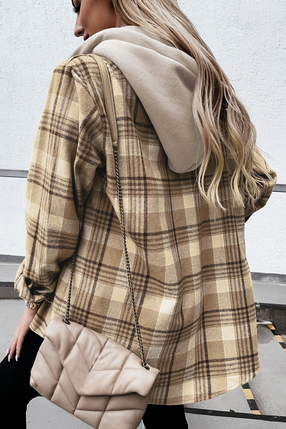 Plaid button up hooded jacket with pockets