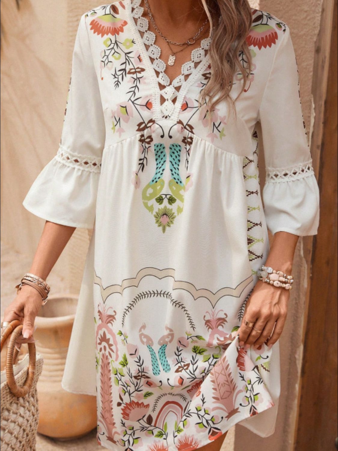 Lace detail printed three-quarter sleeve dress