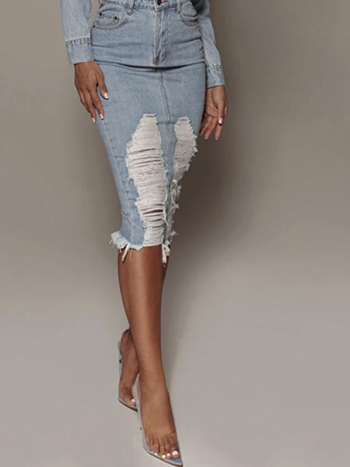 Distressed slit denim skirt