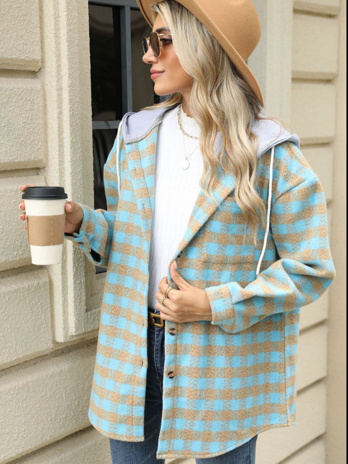 Drawstring plaid long sleeve hooded jacket