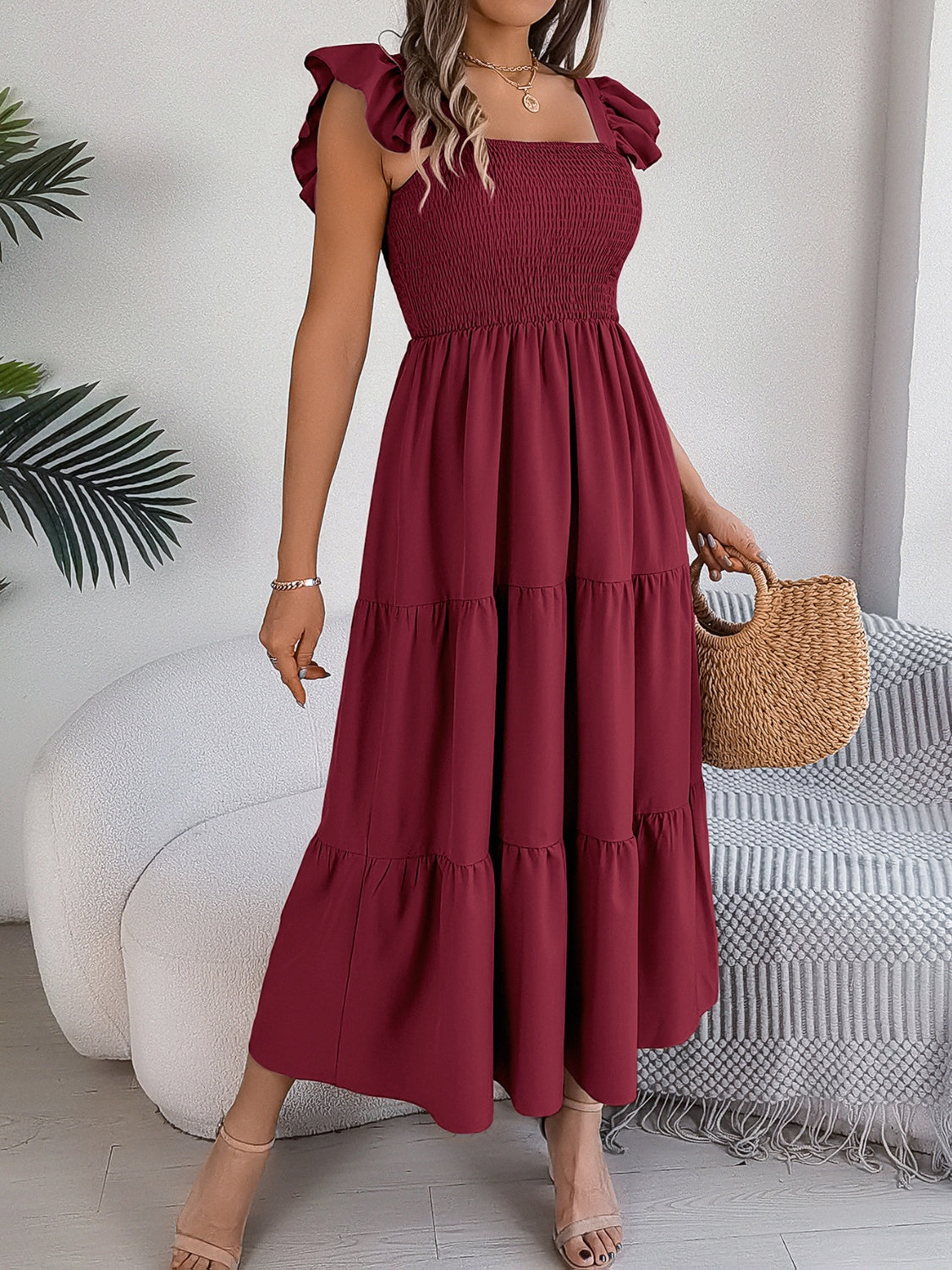 Smocked square neck cap sleeve midi dress