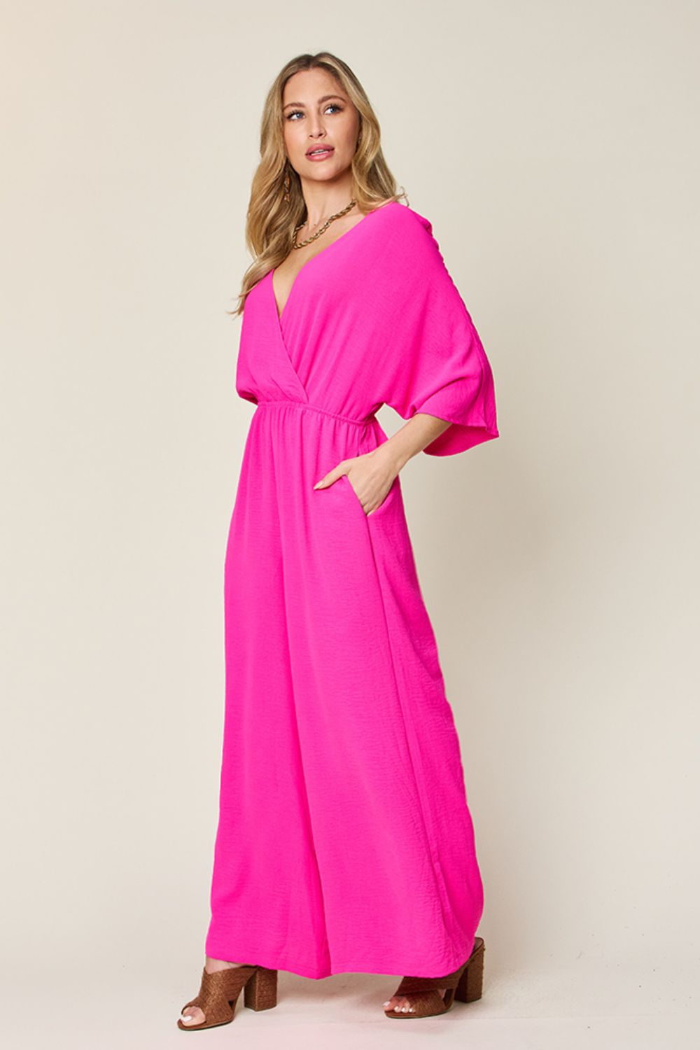 Double take full size surplice wide leg jumpsuit with pockets