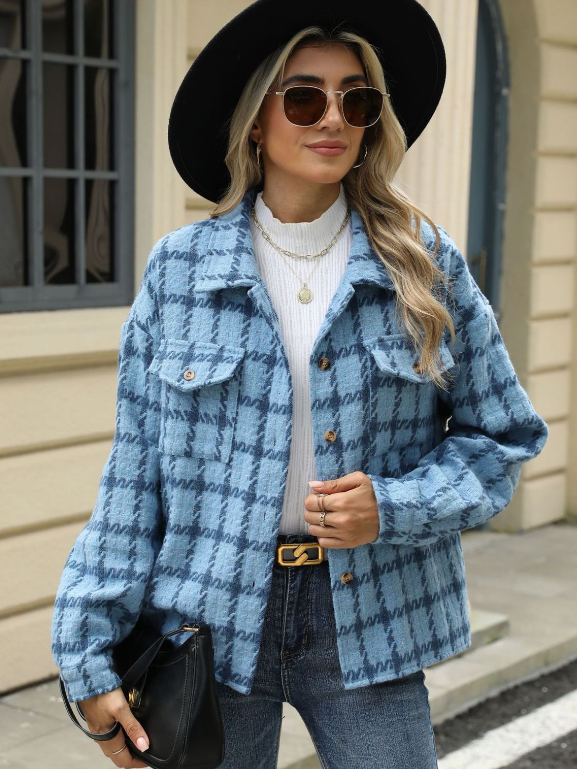 Plaid collared neck long sleeve jacket