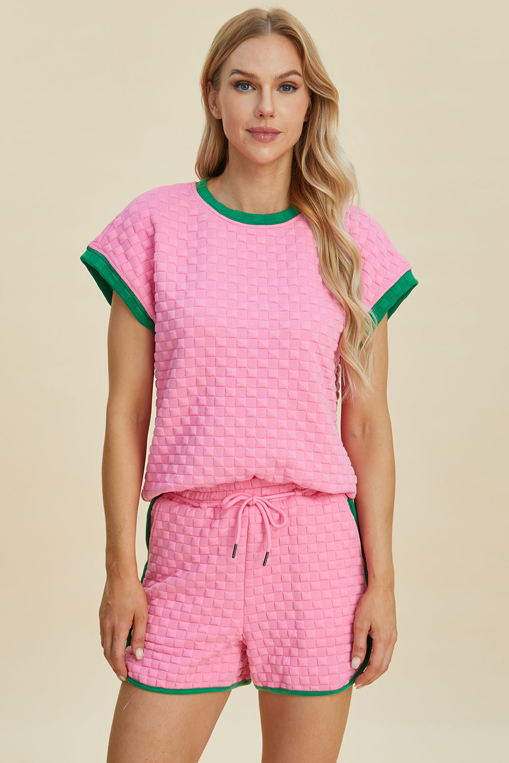 Double take full size texture contrast t-shirt and shorts set