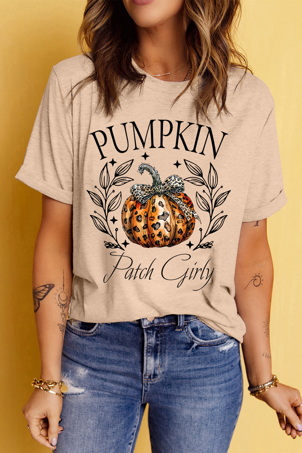 Pumpkin graphic round neck short sleeve t-shirt - tan / s