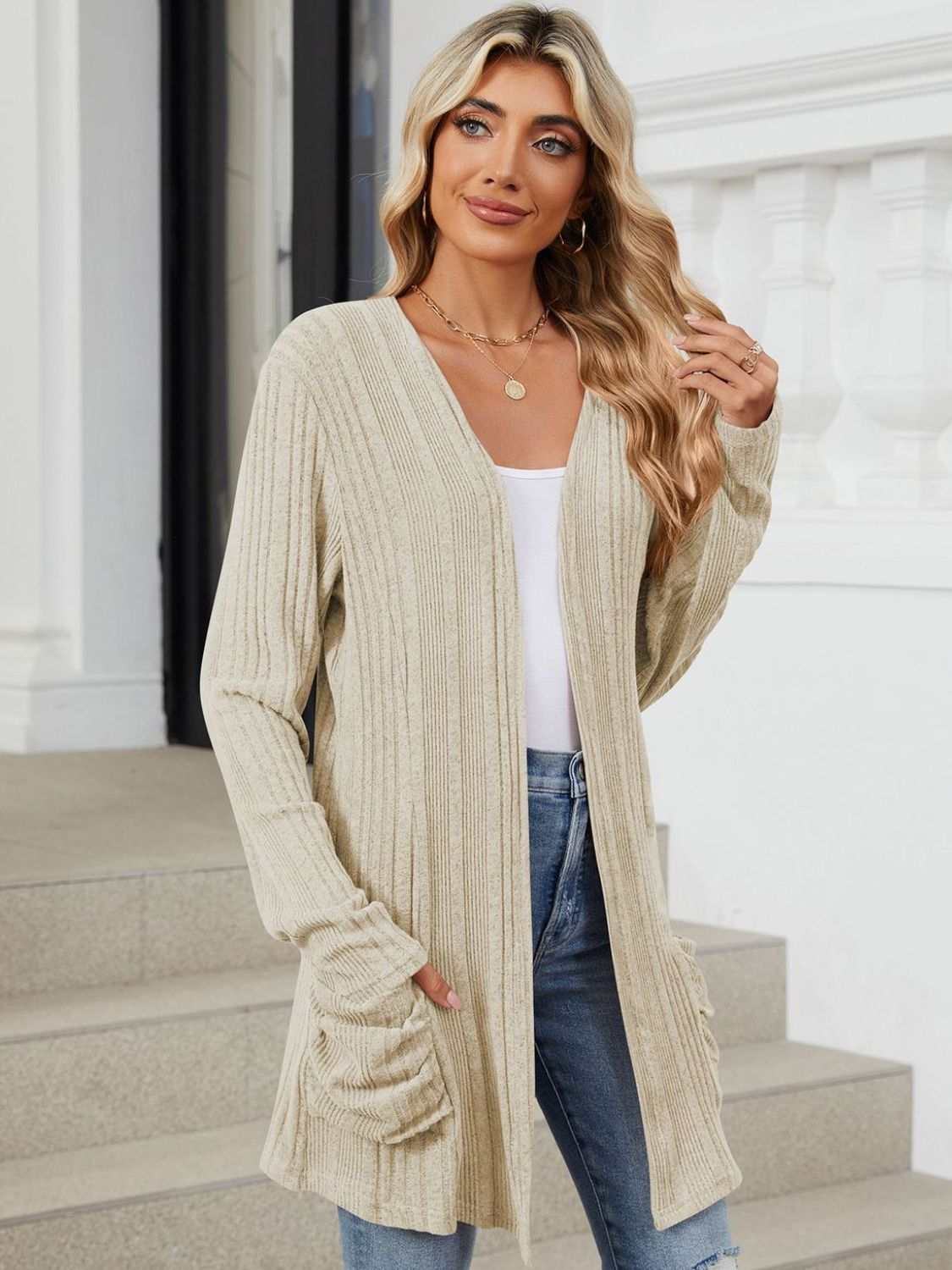 Pocketed open front long sleeve cardigan