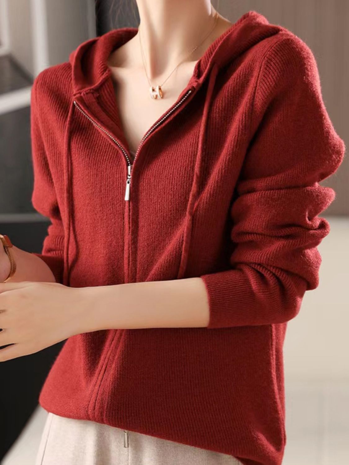 Drawstring zip up long sleeve hooded sweater