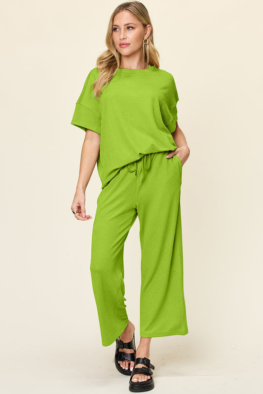 Double take full size texture round neck short sleeve t-shirt and wide leg pants - lime / s