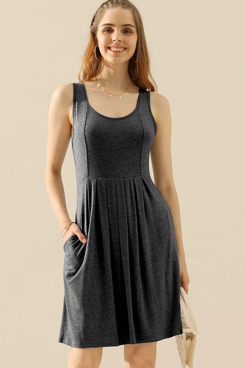 Doublju full size round neck ruched sleeveless dress with pockets