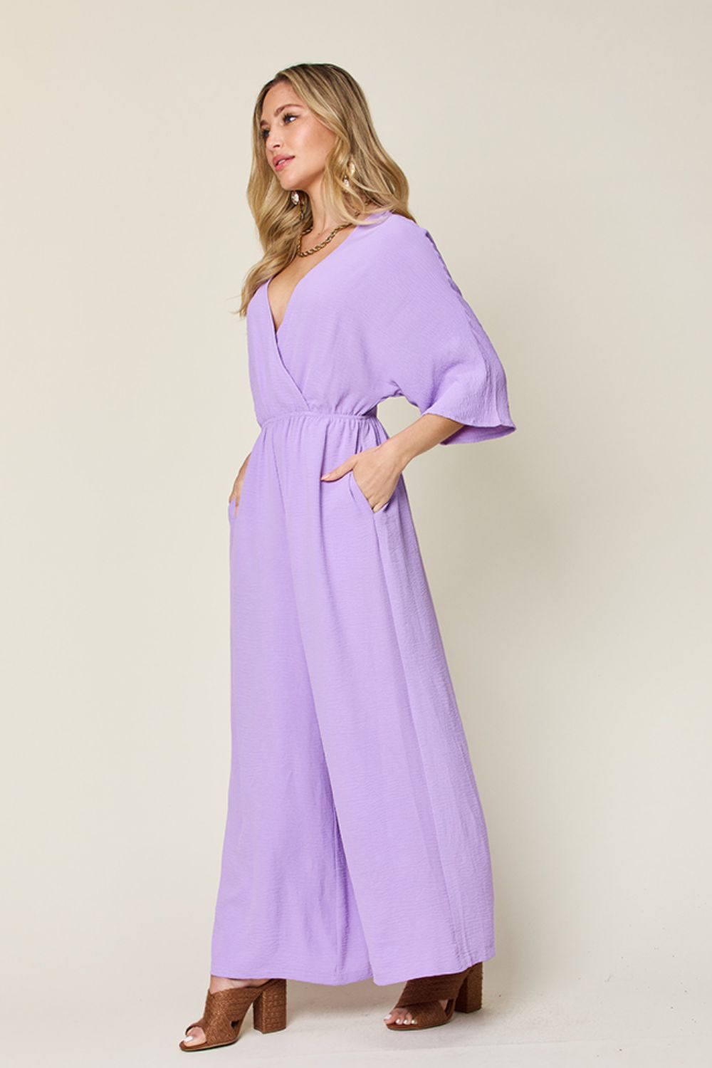 Double take full size surplice wide leg jumpsuit with pockets