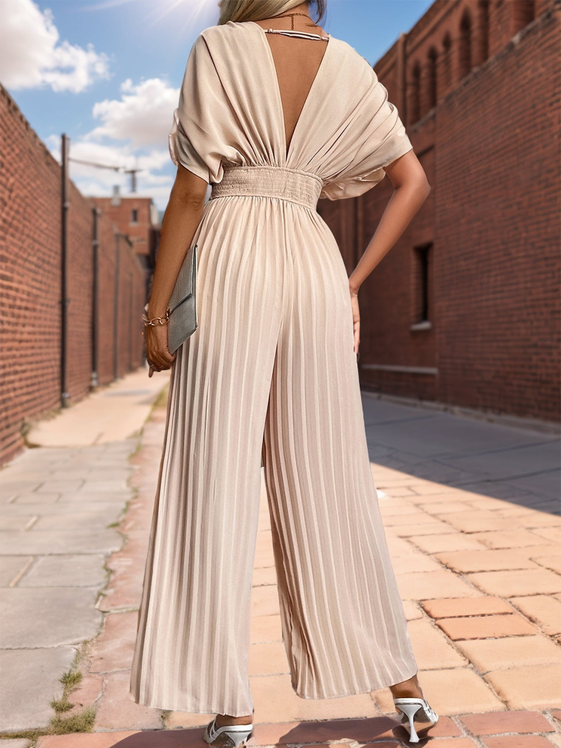 Pleated short sleeve wide leg jumpsuit