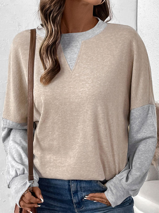 Perfee contrast round neck long sleeve t-shirt - tan / s