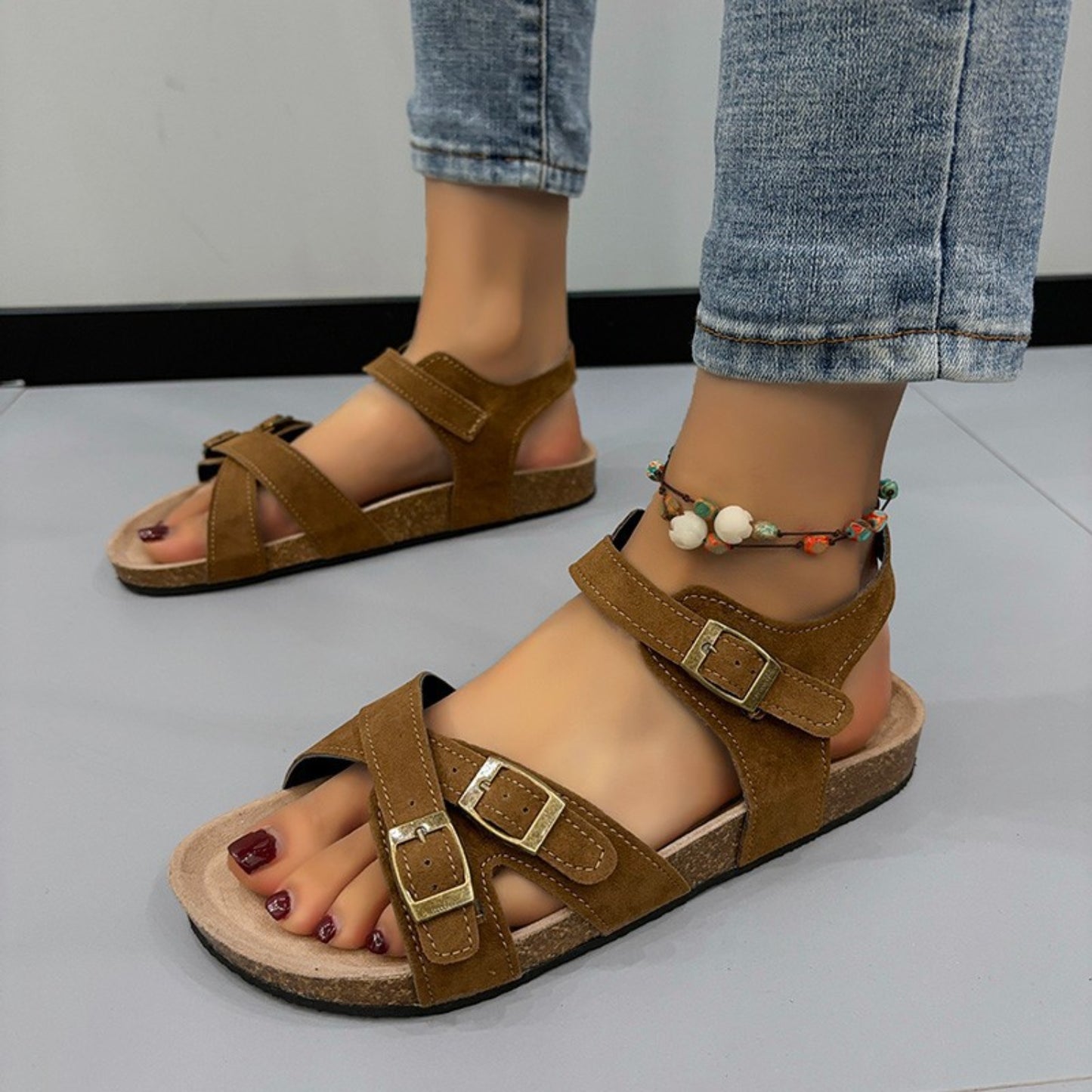 Open toe flat buckle sandals - mocha / 36(us5)