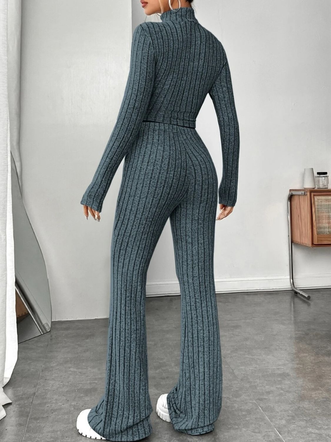 Ribbed mock neck long sleeve top and pants set - deep teal / s